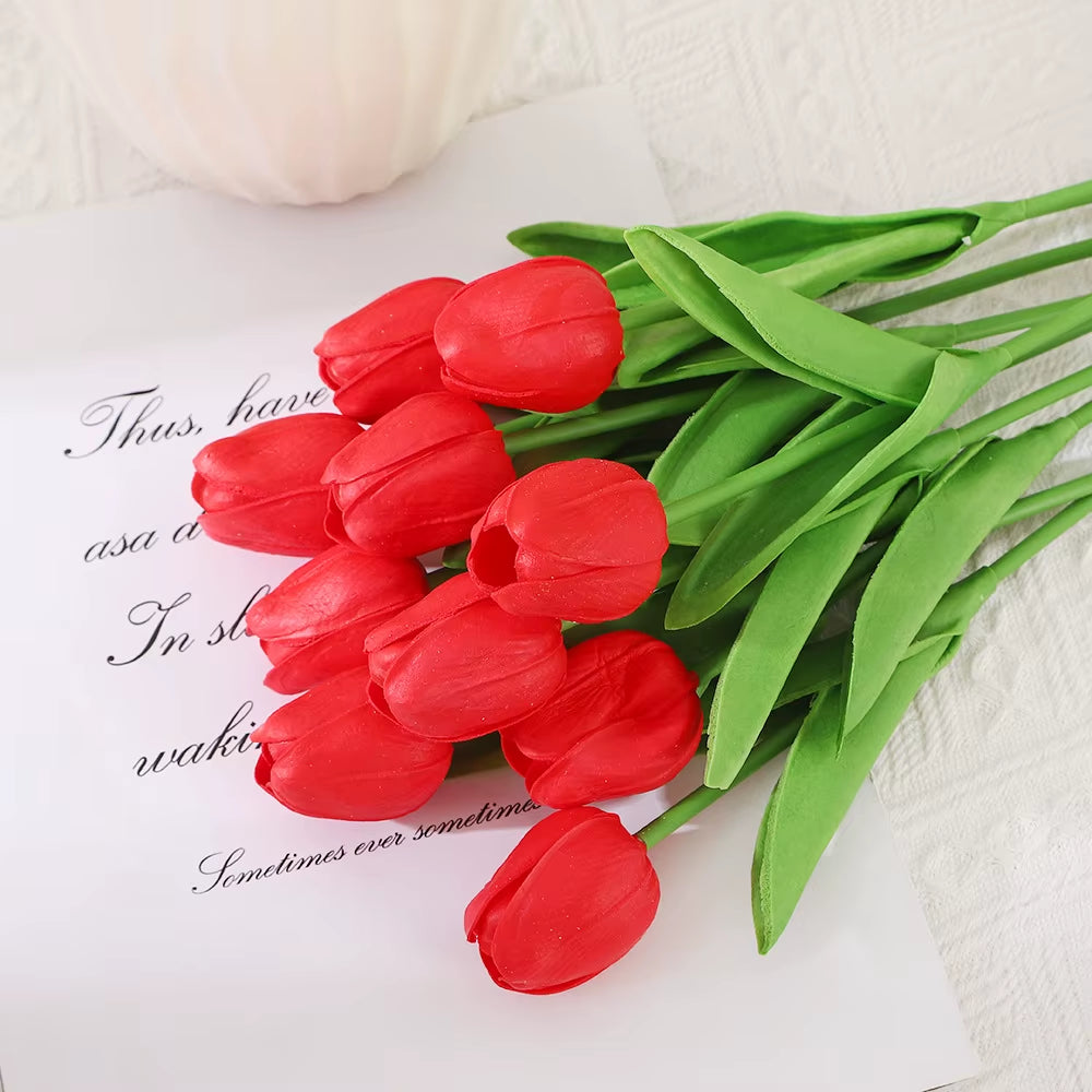 10PCS Artificial Tulips Flower Realistic Touch Tulip Flowers Fake Tulips Flowers for Home Table Vase Decor Wedding DIY Bouquet
